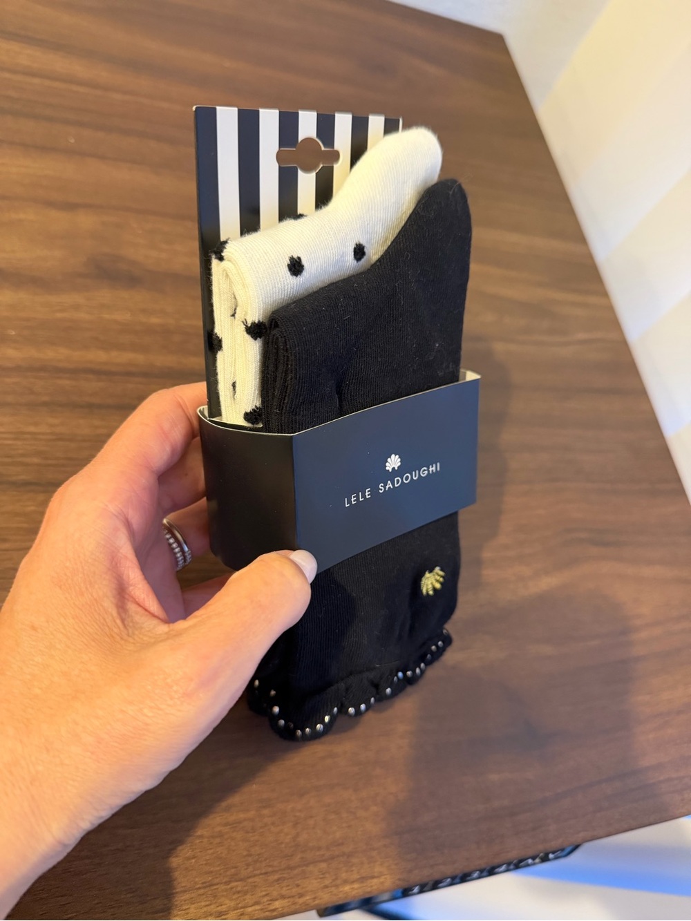 Lele Sadoughi Black Scalloped Trim Socks with Gold Bee/White with Black Dot - Picture 2 of 4